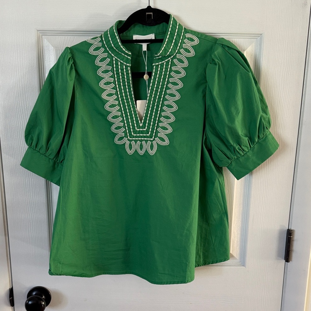 Green Puff Sleeve Blouse with White Embroidery